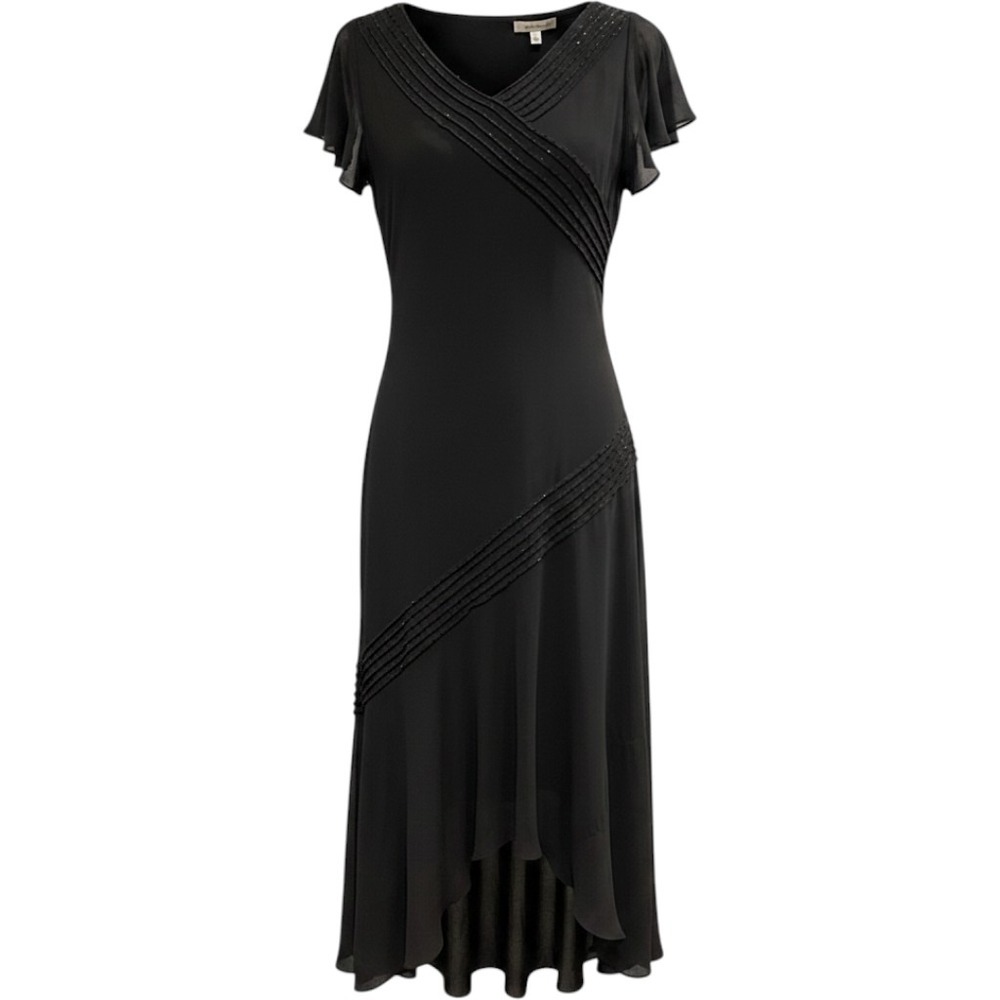Adrianna Papell Y2K Dress Black Chiffon Assemetrical Midi Beaded Size 6‎ Fairy